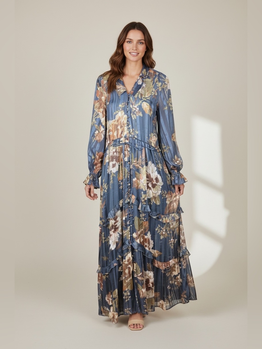ASOS Design Floral Tiered Satin Stripe Navy Multi Maxi Dress Sz 2 NWT
